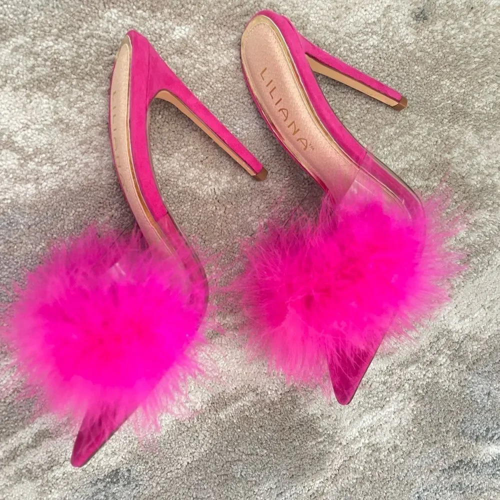 Women faux Feather Slippers Sandals pump High heels Slides Mules Size 6